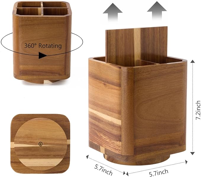 Wood Utensil Holder for Kitchen Counter, 360° Rotating Kitchen Utensil Holder - Image 3