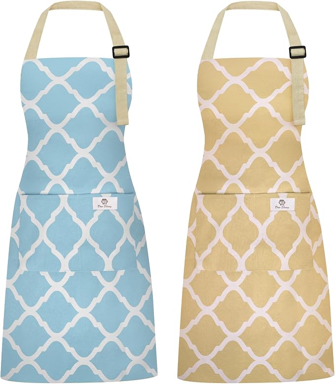 2 Pieces Aprons for Women with Pockets, Cotton Linen Waterproof Kitchen Cooking by Riqiaqia