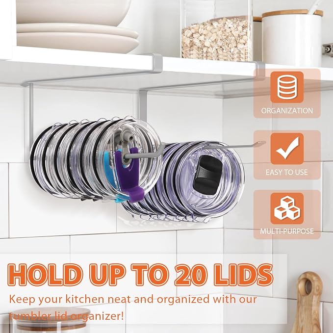 2 Pack Tumbler Lid Organizer, Horizontal Tumbler Lid Storage Hook Up to 20 Lids - Image 2