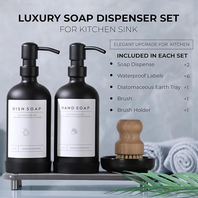 Kitchen Soap Dispenser Set - 16OZ Black Glass Bottle - Image 3