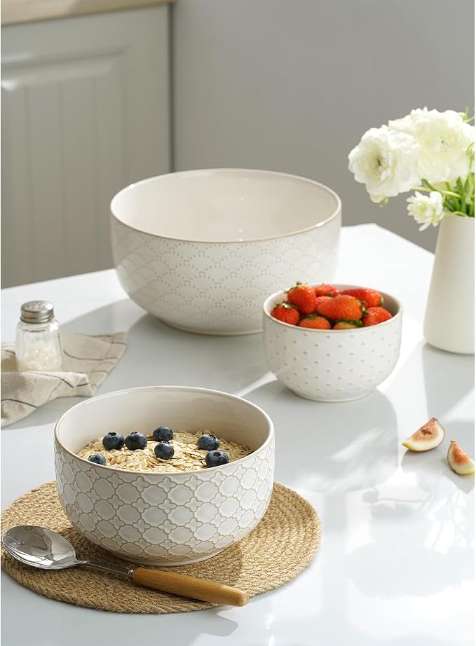 Mikiegy Ceramic Mixing Bowls Set of 4, Nesting Ceramic Embossment Stoneware - Image 8