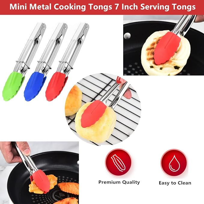 Mini Kitchen Tongs with Silicone Tips, 3-Piece Set, 7-Inch Non-Stick Small - Image 5