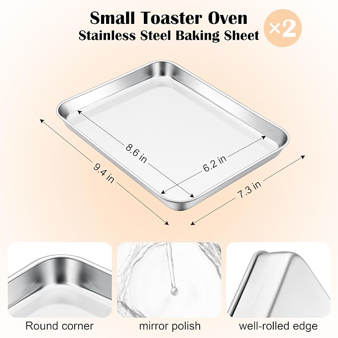 E-far 2 Packs Toaster Oven Trays, 9.4”x7.3” Stainless Steel Small Baking Cookie - Image 2