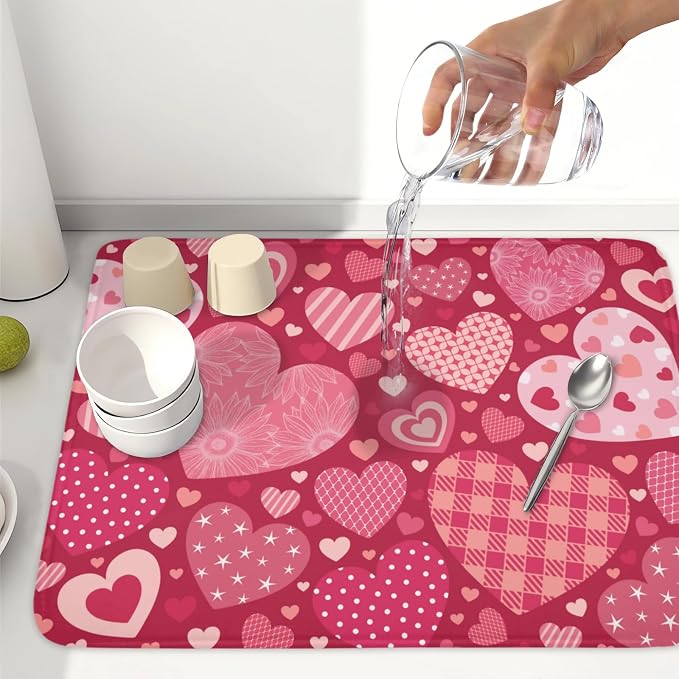 Valentine's Day Dish Drying Mat 18 x 24 Inch Heart Shaped Pattern Dish Drying - Image 6