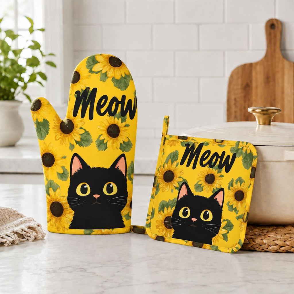Cute Black Cat Oven Mitts and Pot Holders Sets Sunflower Non-Slip