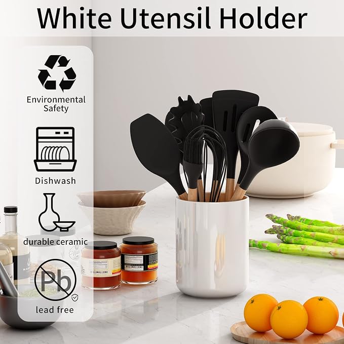 LATCHHOOK White utensil holder for Countertop, Glossy White Ceramic Utensil - Image 3