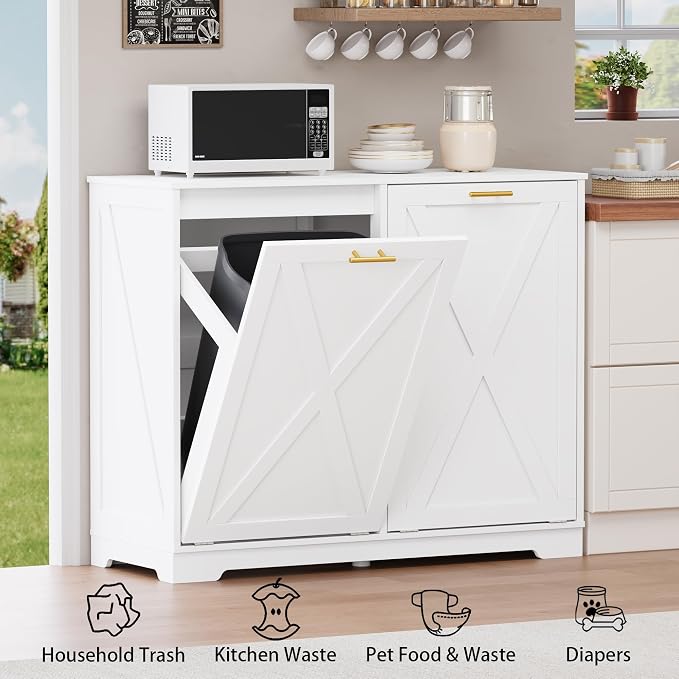 Double Tilt Out Trash Can Cabinet, Wooden Farmhouse Kitchen Garbage Bin - Image 5