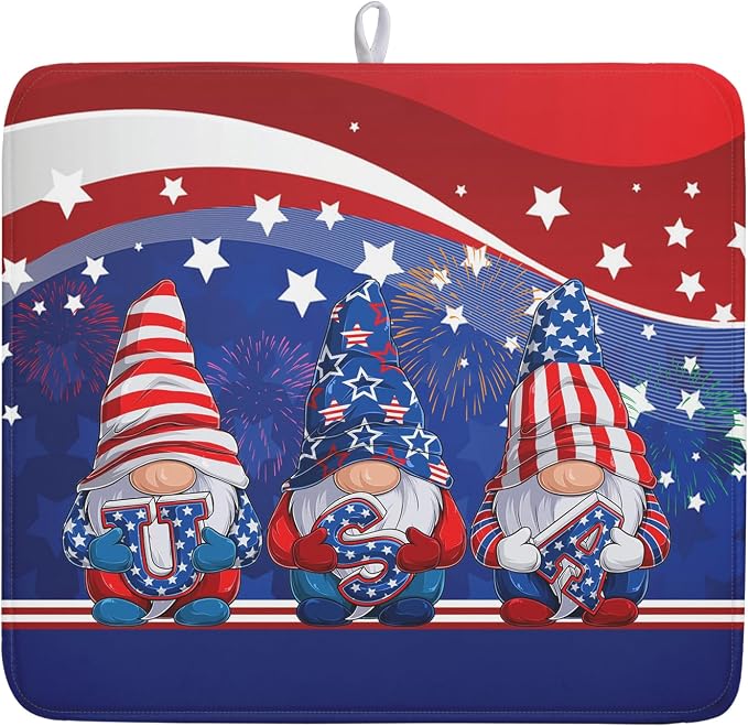 Kawani 4th of July Dish Drying Mat 16x18 Inch Spring Summer Patrioti Gnome by Kawani