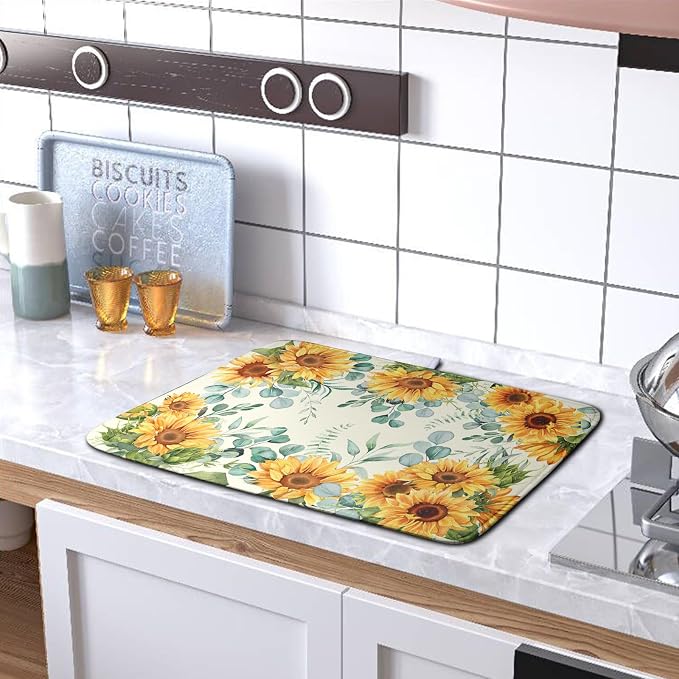 Sunflowers Dish Drying Mat for Kitchen Counter Yellow Flower Green Leaves Dish - Image 5