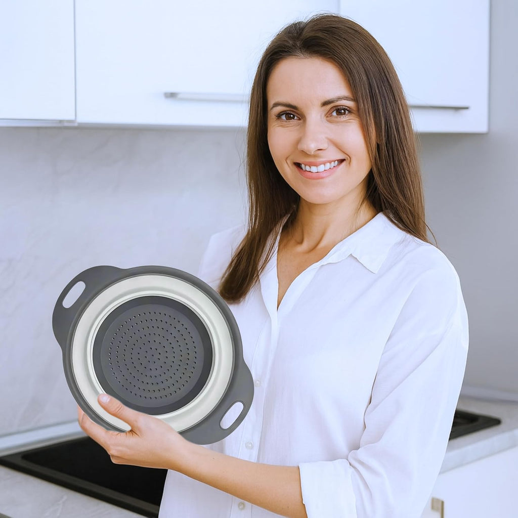 Small Food Strainer for Kitchen - Black Silicone Colander with Handle