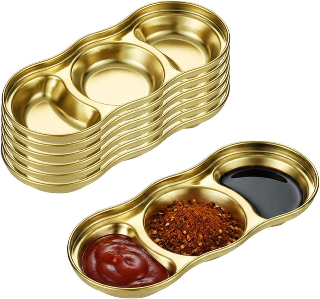 6 Pcs Soy Sauce Dish Stainless Steel 3 Compartment Korean Sauce Plate