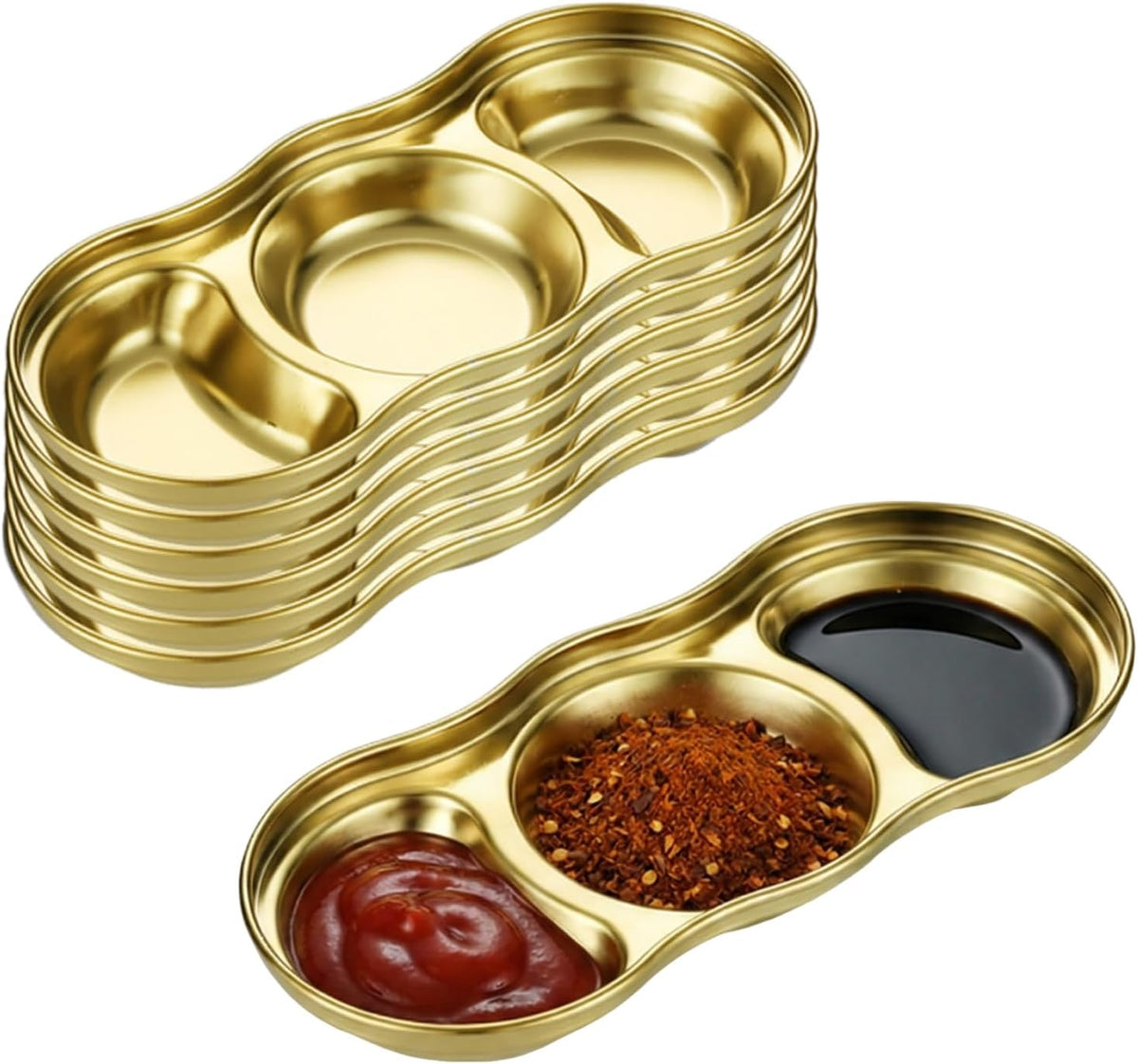 6 Pcs Soy Sauce Dish Stainless Steel 3 Compartment Korean Sauce Plate