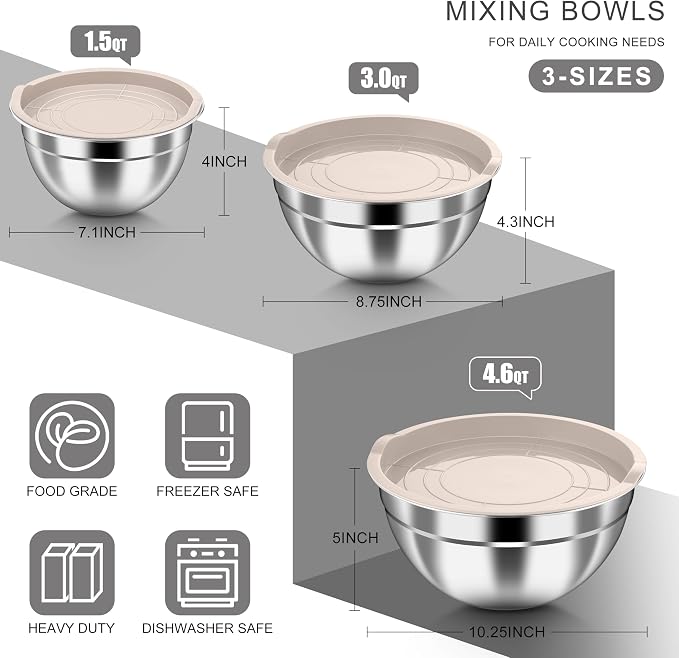 HaWare Mixing Bowls with Airtight Lids, 6-Piece Stainless Steel Salad Bowls - Image 2