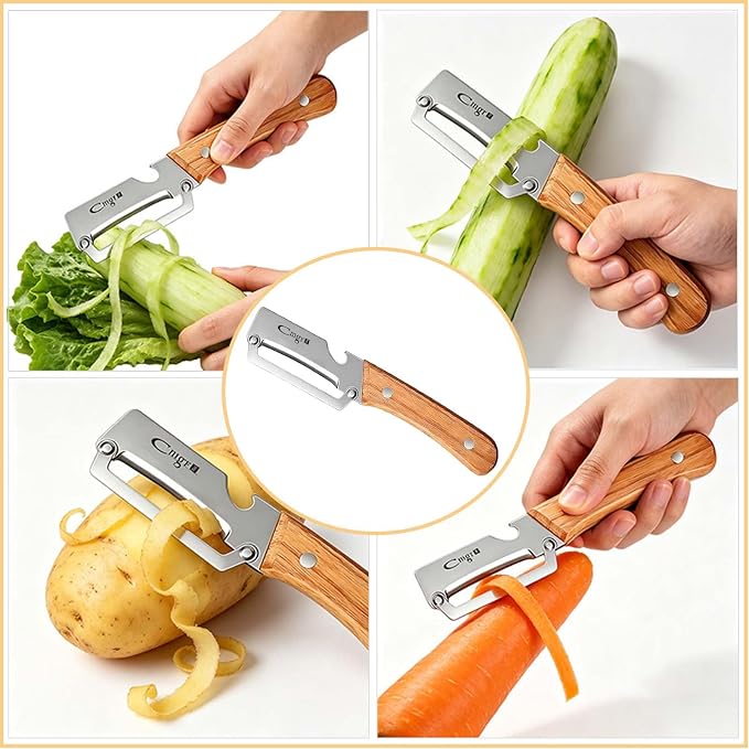 Multifunctional Vegetable Peeler, Wooden Handle & Bottle Opener Stainless Steel - Image 7