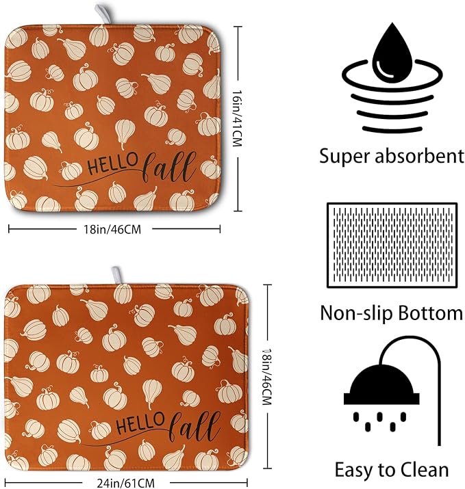 Hello Fall Drying Mat for Kitchen Counter Autumn Orange Pumpkin Dry Dish Mat - Image 2