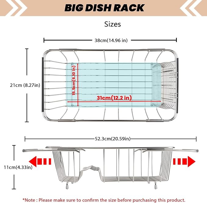 Sink Dish Drainer Rack, Expandable 304 Stainless Steel Dish Drying Rack - Image 3