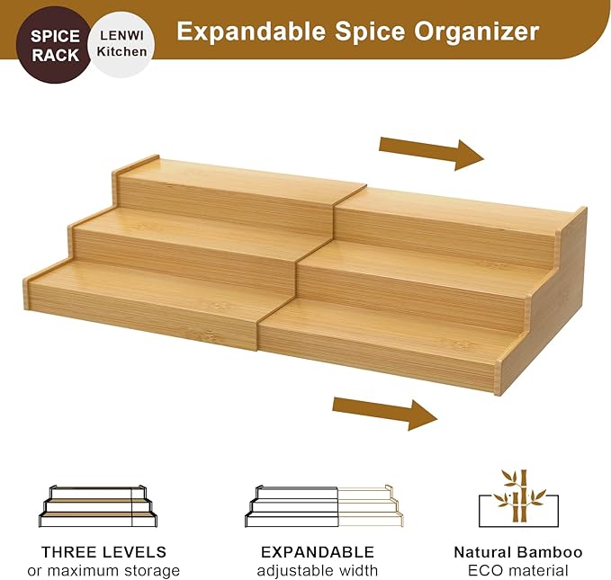 Lenwi Spice Rack Organizer for Cabinet, 3 Tier Expandable Bamboo Spice Storage - Image 2