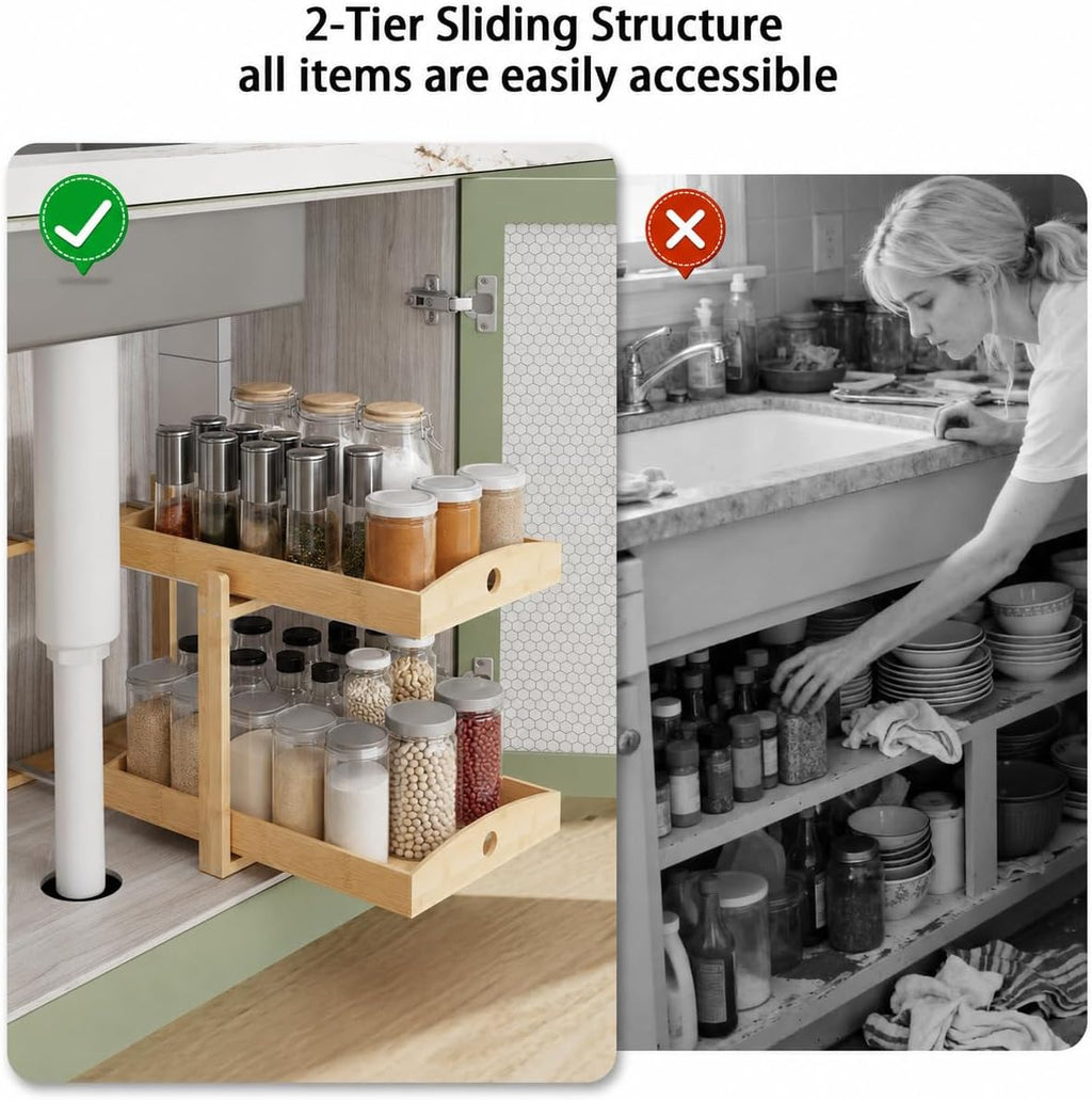 Bamboo Under Sink Organizer 2 Tier Pull Out Cabinet Storage Drawer