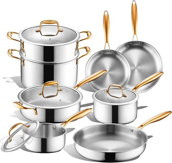 Triple Ply Stainless Steel Pots and Pans Set, EWFEN 12 Piece Induction Cookware by EWFEN