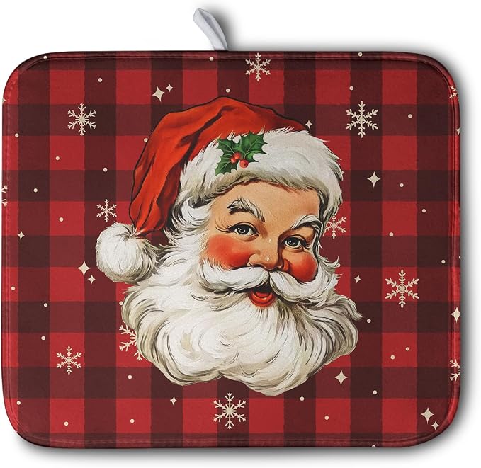 Santa Claus Christmas Dish Drying Mat Xmas Red and Black Buffalo Plaid by Kwlegh