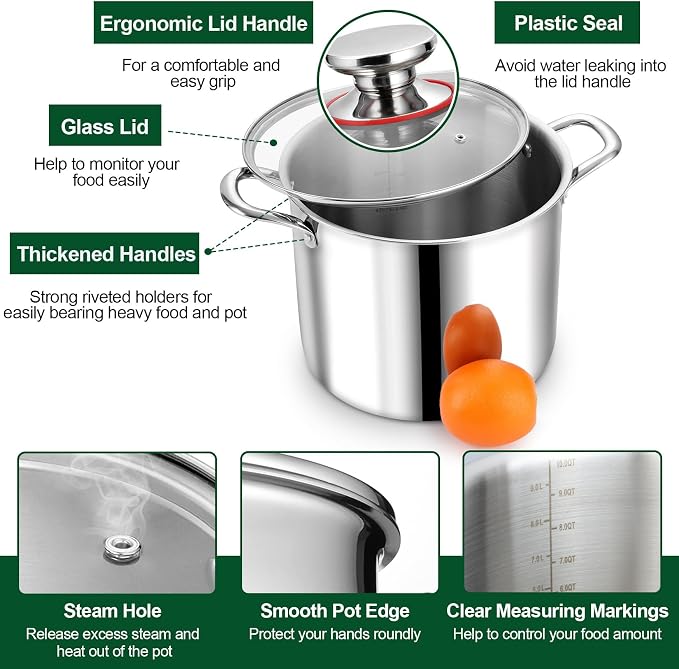 P&P CHEF 10 Quart Tri-Ply Stainless Steel Stockpot, Stock Pot - Image 3