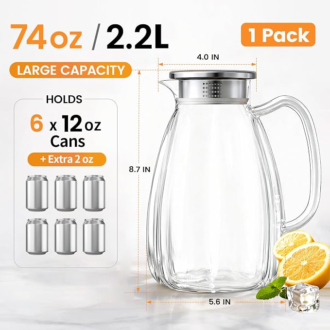 Glass Pitcher with Lid and Handle, 2.2L Borosilicate Glass Water Carafe - Image 2