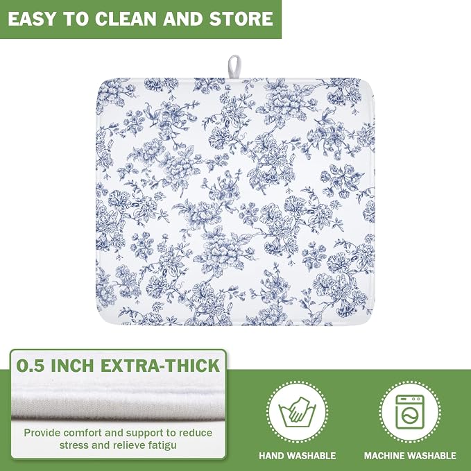 Blue Floral Dish Drying Mat for Kitchen Counter Chinoiserie Flower Microfiber - Image 5