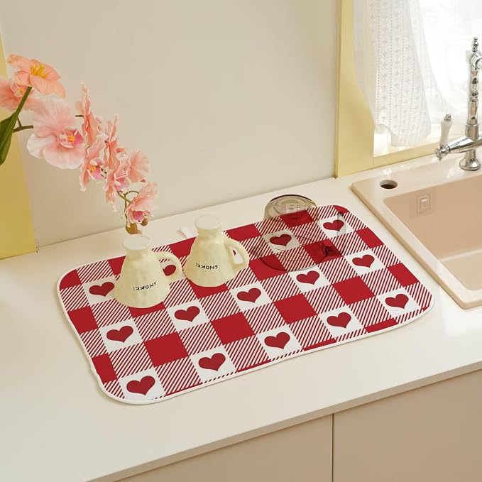 Happy Valentines Day Dish Drying Mat 18 x 24 inch Red Checkered Love Hearts - Image 6