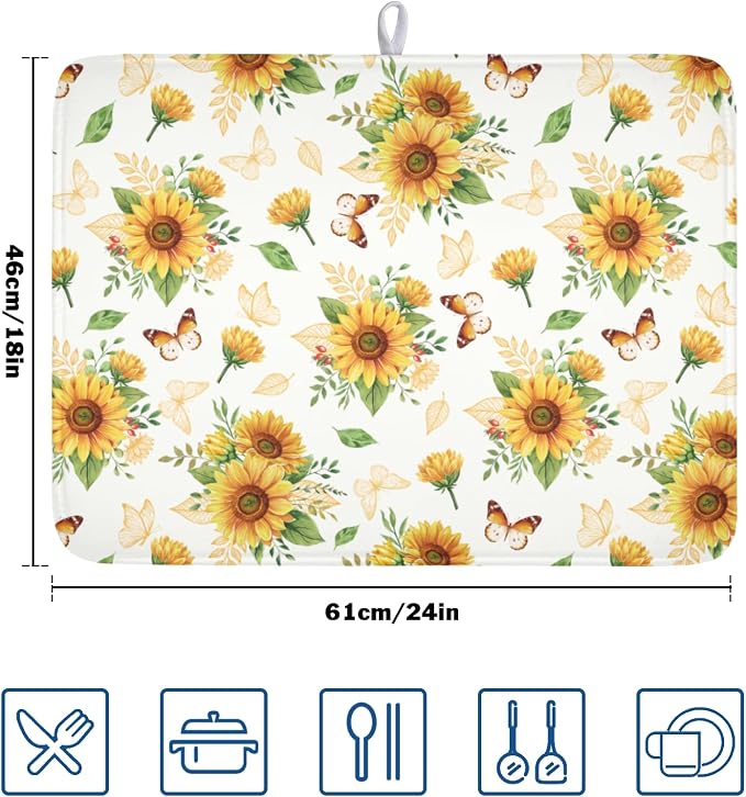 Sunflower Dish Drying Mat for Kitchen Counter Summer Yellow Floral Microfiber - Image 2