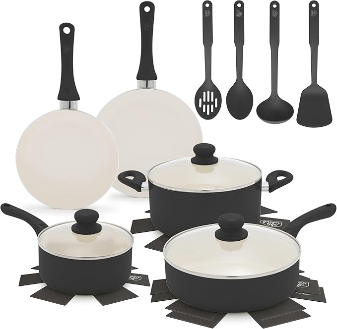 GreenLife 16-Piece Nonstick Cookware Set, Non-Toxic Ceramic Pots and Pans Set by GreenLife