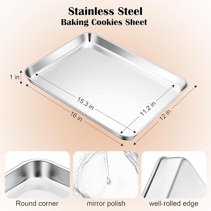 E-far Stainless Steel Baking Sheet, 16” x12” x 1” Baking Cookie Sheet Pan - Image 2