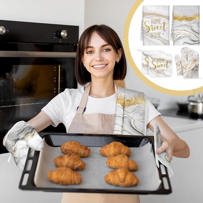 Bencailor 6 Pcs Marble Kitchen Decor Gold Pot Holders Oven Mitts 2 Dish Towels - Image 2