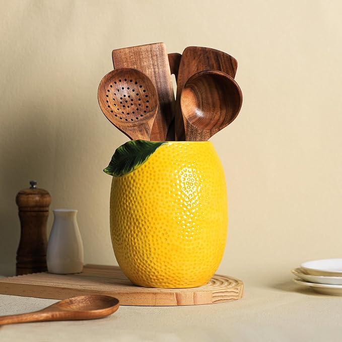 Lemon Shaped Ceramic Kitchen Utensil Holder, Large Cooking Utensil Crocks - Image 5