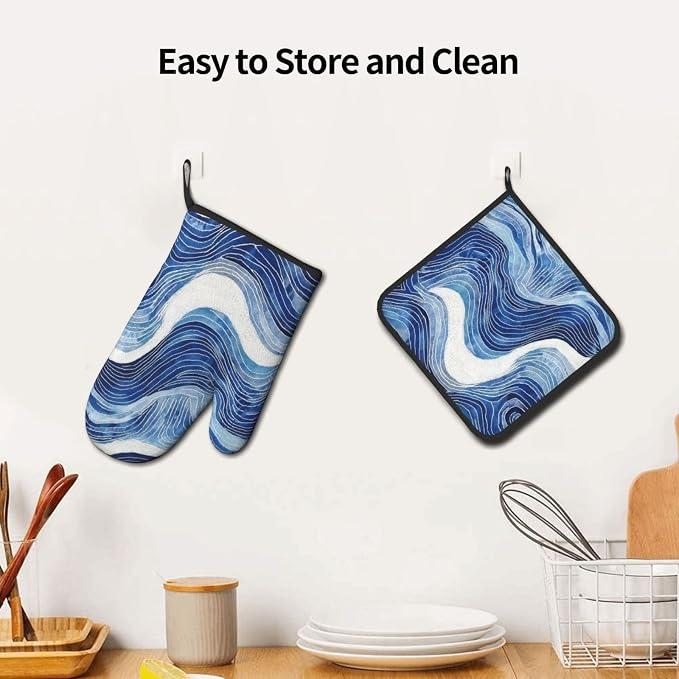 Blue and White Ocean Wave Oven Mitts and Pot Holders Sets of 3, Heat Resistant - Image 5