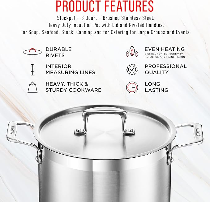 Stainless Steel Stockpot with Lid 8 Quart, Durable 18/8 Stainless Steel - Image 7