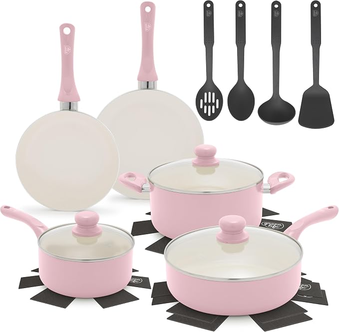 GreenLife 16-Piece Nonstick Cookware Set, Non-Toxic Ceramic Pots and Pans Set by GreenLife