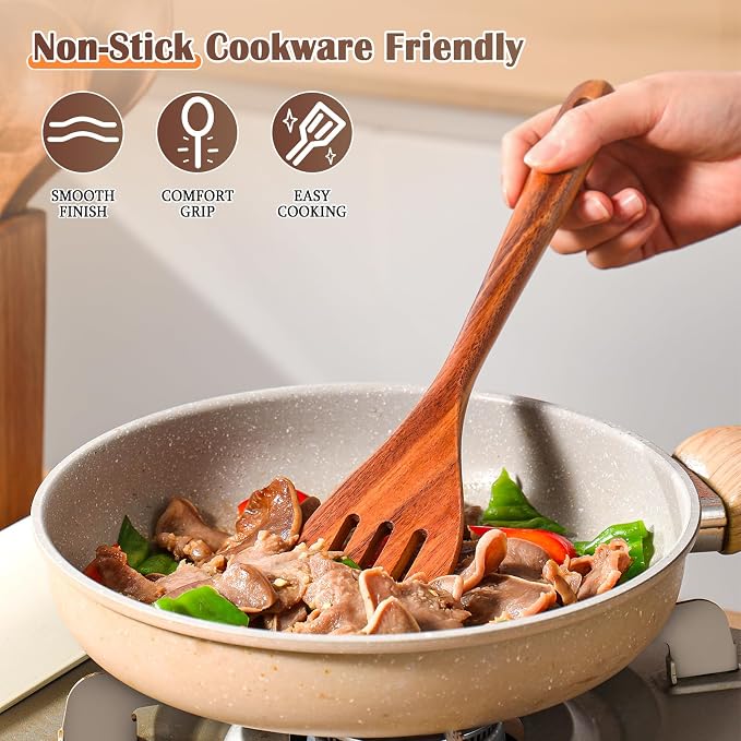 Wooden Spoons for Cooking, Natural Acacia Wooden Kitchen Tools, Nonstick - Image 5