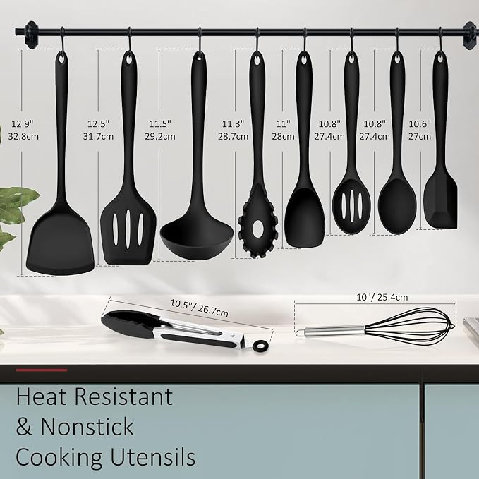 Silicone Cooking Utensils Set of 10, Leonyo Black Kitchen Utensils Set - Image 2