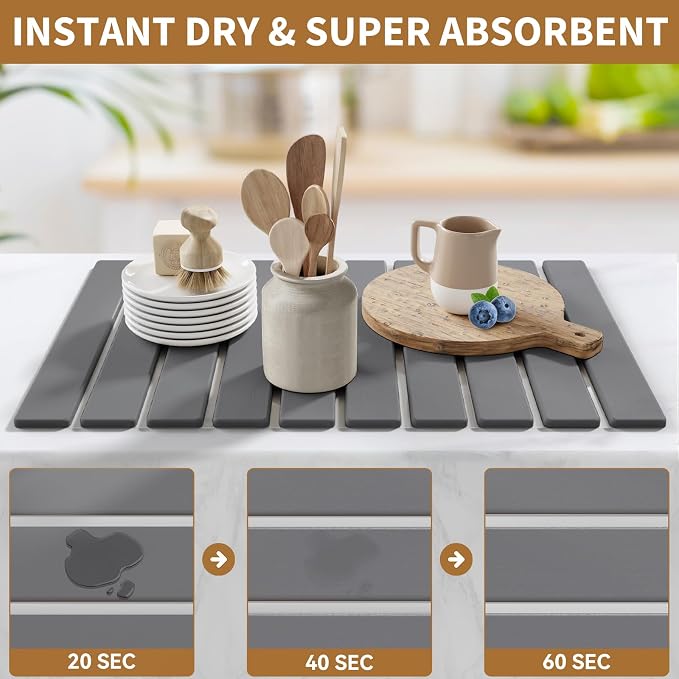 Stone Dish Drying Mats for Kitchen Counter, 23.6''x15.3'' Foldable Quick Dry - Image 3
