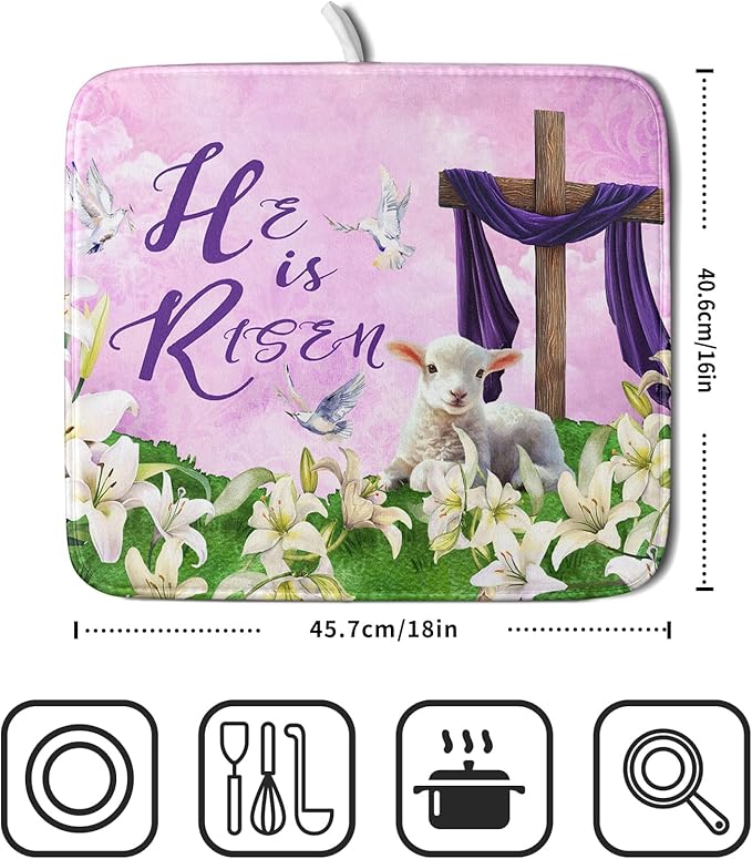 Giwawa Easter Purple Dish Drying Mat, He is Risen Cross Lamb Floral Dish - Image 2