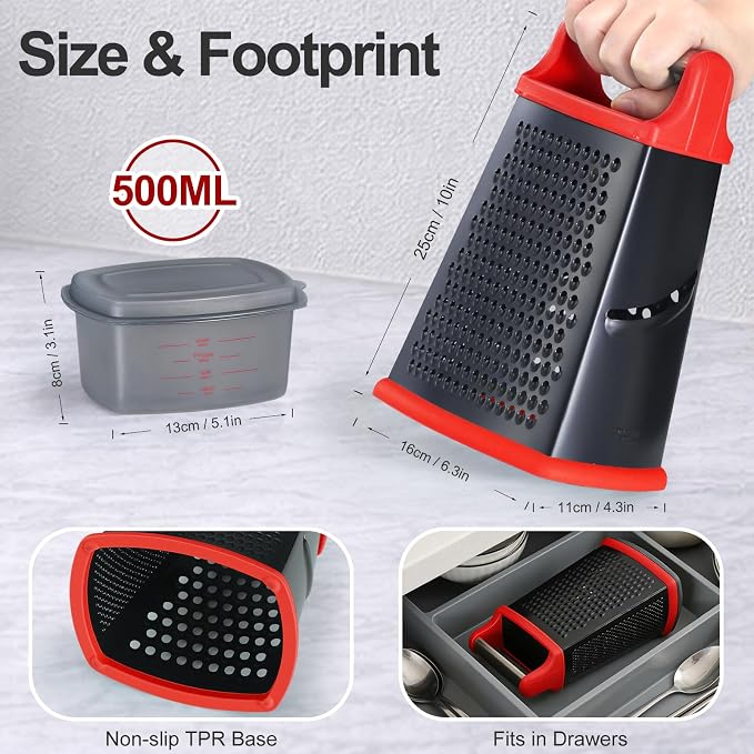 Ourokhome Cheese Grater with Handle, Stainless Steel Box Grater, 4 Side Kitchen - Image 3