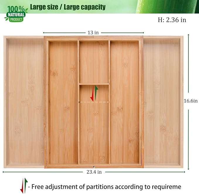 guiogc Bamboo Silverware Organizer, Expandable Kitchen Drawer Organizer and - Image 2