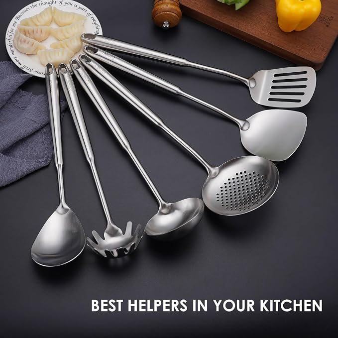 18/10 Stainless Steel Kitchen Utensils Set, Skimmer Spoon, Pasta Serve - Image 5