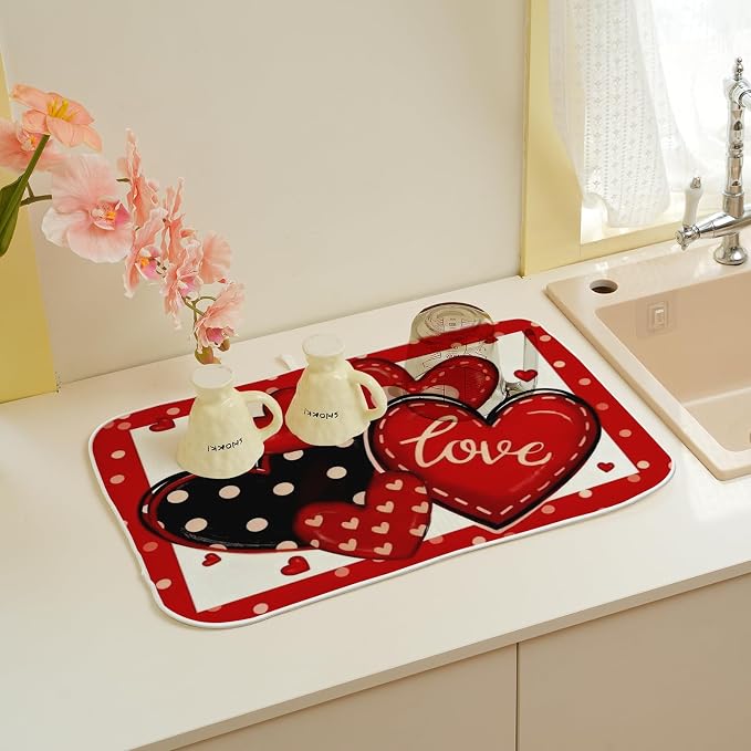 Valentines Dish Drying Mat 18x24 Inch Black Red Hearts Dish Drainer Protector - Image 5