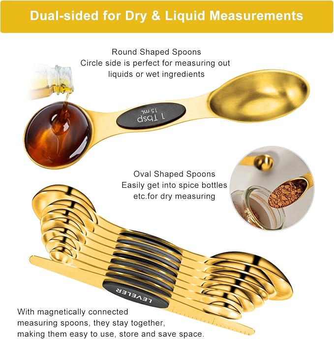 Gold Measuring Cups and Spoons Set of 15, 18/8 Stainless Steel, Includes 7 - Image 4