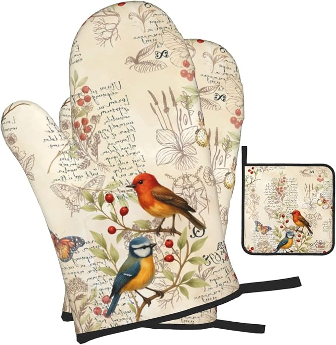 Vintage Bird Themed Hot Pads and Oven Mitts Set of 3, Heat Resistant Non Slip - Image 2