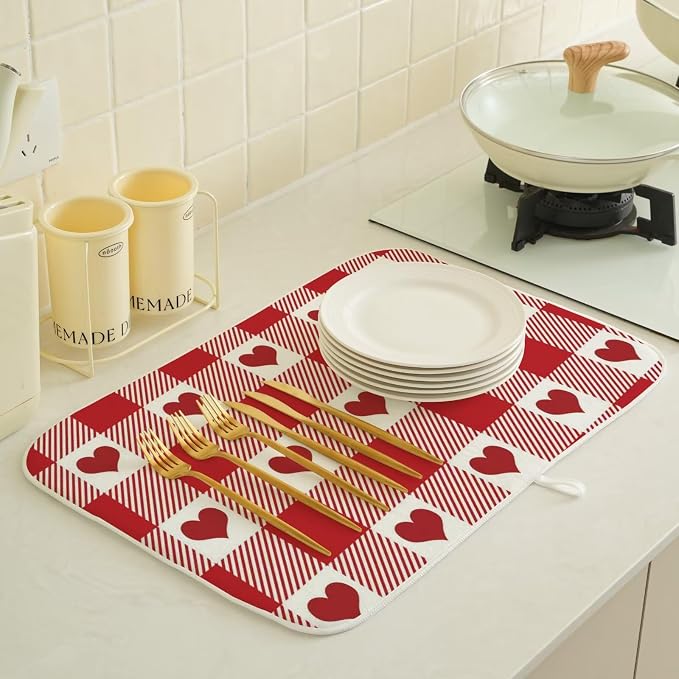 Happy Valentines Day Dish Drying Mat 18 x 24 inch Red Checkered Love Hearts - Image 4