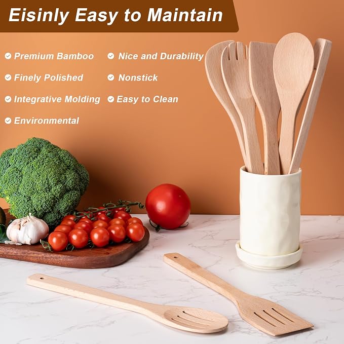Eisinly Wooden Spoons for Cooking 7-Piece, Kitchen Nonstick Wood Cooking - Image 4