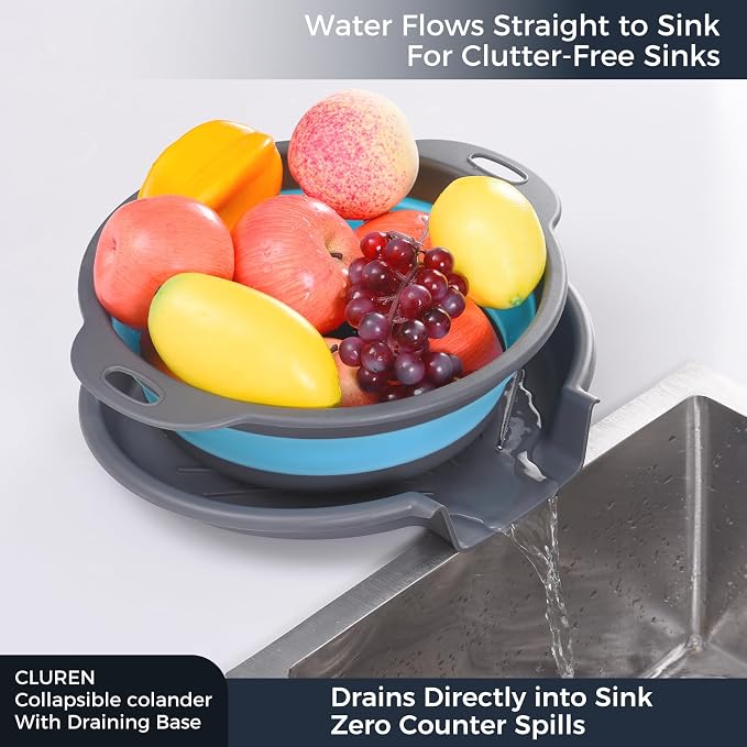 Collapsible Colander Set with Oversized Draining Tray | 3-Pack Foldable Kitchen - Image 2