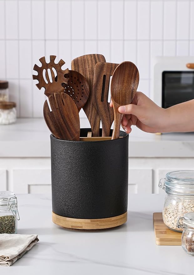 LoeJan 3 Compartment Utensil Holder, Extra Large Utensil Crock, Stable Ceramic - Image 6